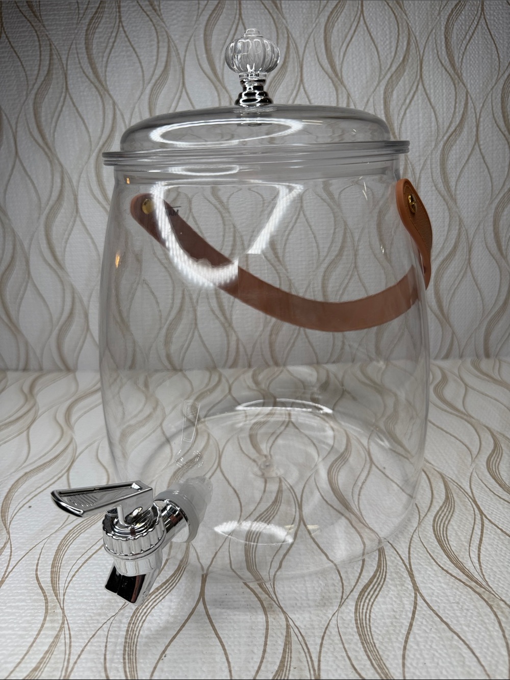 Clear Plastic Beverage Dispenser Brown Faux Leather/ Rubber Strap NWT